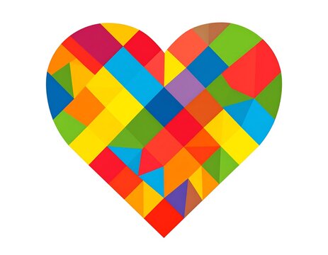 A heart shape made of assorted colorful geometric shapes, set against a white background