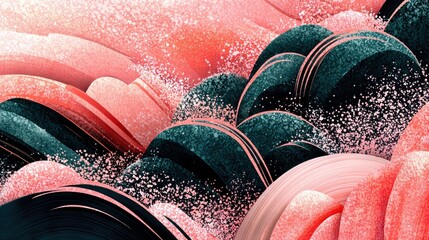 An abstract illustration featuring stylized waves in coral and teal colors, with a textured spray effect, evoking a dynamic and energetic ocean scene.