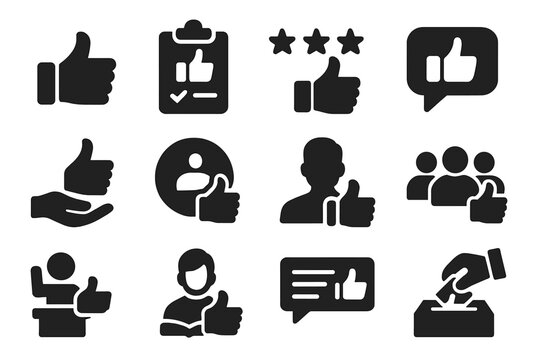 Feedback Icons Collection. Solid style icons of Feedback: customer thumbs up, survey approval, rating stars with thumb, review