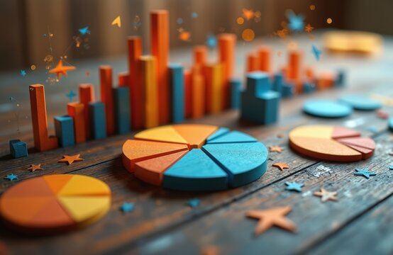 Colorful bar and pie charts represent statistical data analysis. Numbers math and logic symbols float around. Visualisation of information for learning and science projects.