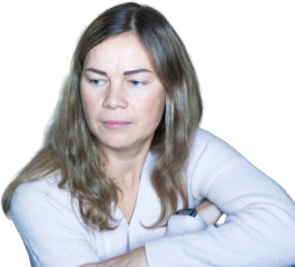 Thoughtful middle-aged woman with long hair, isolated on a transparent background, looking away with a pensive expression. Ideal for conveying introspection and clarity.
