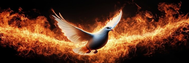 Elegant Flying White Dove with Fiery Sparks on Dark Background, Symbol of Peace and Hope Artwork