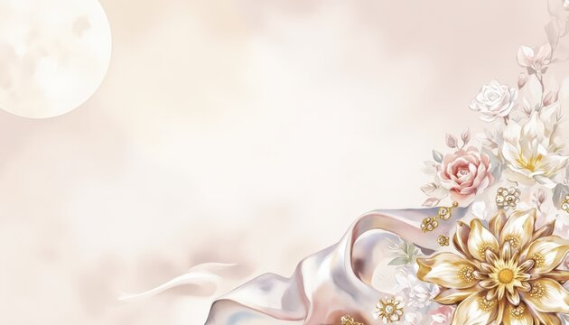 Elegant Floral Silk Background with Moon Wedding Invitation Design