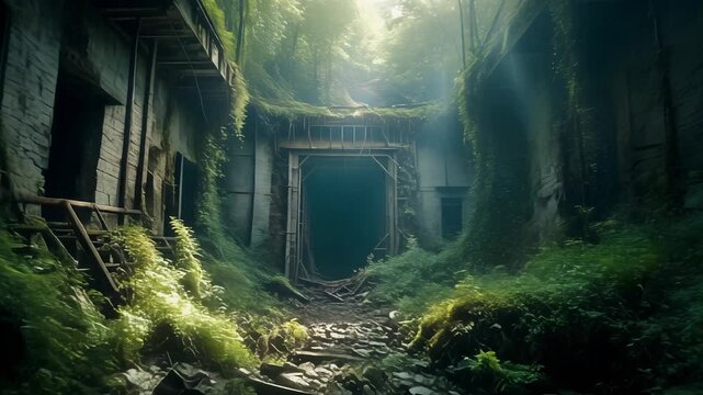 Abandoned industrial building. Overgrown with moss and greenery. Dark entrance tunnel. Ruined structure. Nature reclaimed. Old factory. Industrial decay. Mossy walls. Abandoned place. Dark