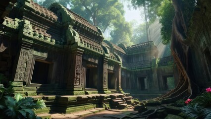 Ancient Temple Ruins in Lush Jungle Sunlight.