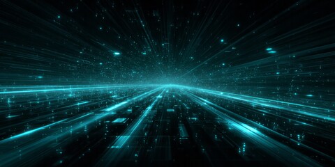 Glowing digital lines streak forward into a vast, dark expanse of cyberspace.