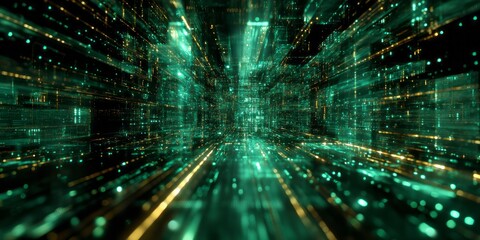 Digital stream of glowing particles flows through a dark, immersive virtual environment