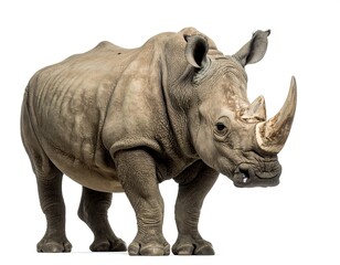 Obraz premium A hefty, gray rhinoceros stands calmly, its horn prominent against a plain, light background