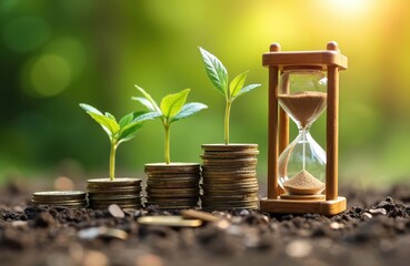 Green sprouts grow from stacks of coins beside hourglass. This symbolizes financial growth patience and successful investment over time. Scene suggests future prosperity and careful money management.