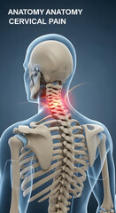 Human Skeleton Showing Neck Pain Area with Red Glow