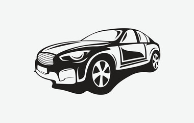 Naklejka premium Fast Car Icon: Black and White Transportation Vector. Modern Sports Car Logo or Emblem in Black and White Combination.