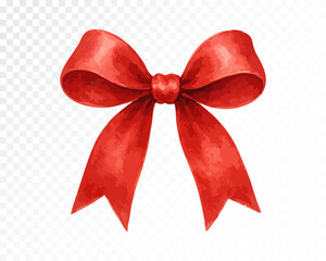 Elegant red watercolor ribbon bow with long flowing tails, festive decorative element for holiday cards, gift wrapping, celebration design and Christmas accents. Vector illustration.