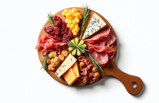 Wooden cutting board with assorted antipasti, cheese, meat, and snacks. Top view of buffet party food on white background. Various cured meats, cheeses, fruits, and crackers arranged on wooden board.