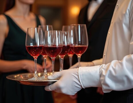 Waiter in white gloves carries tray with red wine glasses. Guests attend event at formal reception. Service staff offers drinks at celebration party, upscale banquet.