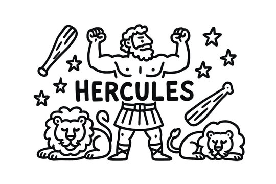 Cartoon drawing of Hercules with a lion and a bear