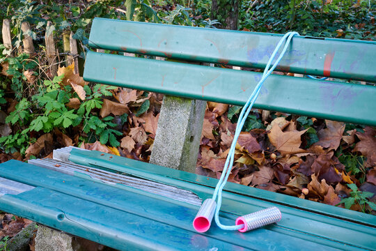 Outdoor. jump rope on a public bench