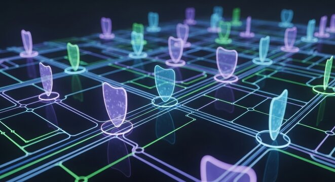Glowing shields across a digital network grid representing multi-layered cyber defense and system protection.