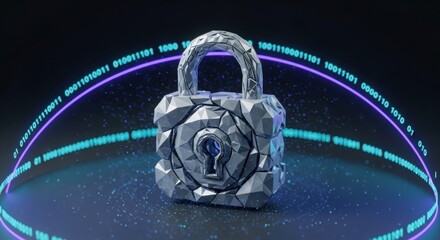 Polygonal digital padlock surrounded by binary code, symbolizing modern cybersecurity and data protection.