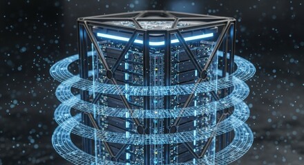 Futuristic data server cube surrounded by glowing digital rings symbolizing advanced processing and high-tech connectivity.