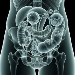 Human Abdomen X-ray Showing Colon Structure with Problem Areas