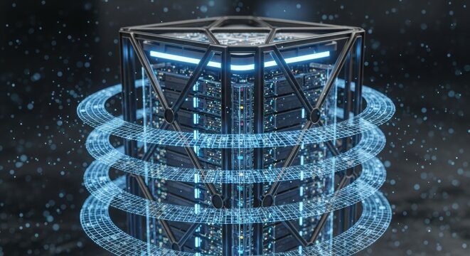Futuristic data server cube surrounded by glowing digital rings symbolizing advanced processing and high-tech connectivity. - Powered by Adobe