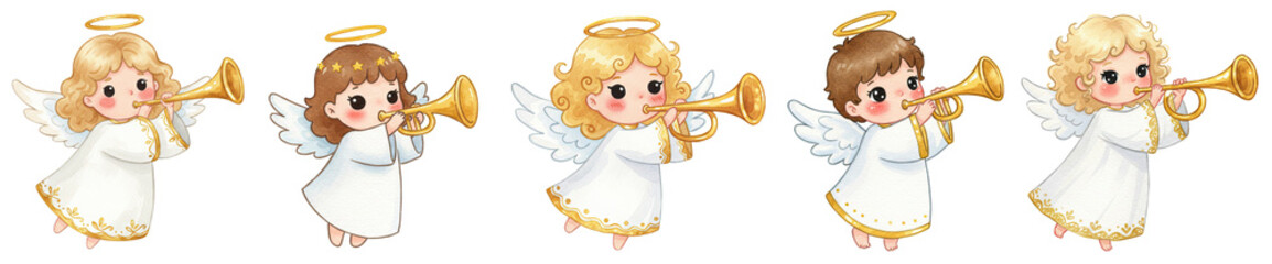Fototapeta premium Cute christmas angel illustration set. Child with wings and halo playing trumpet. Holiday watercolor cartoon for greeting card.
