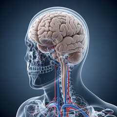 Human Brain Anatomy Illustration with Skull and Vascular System
