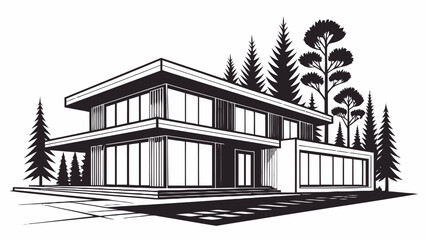 Modern home architecture with clean lines and lush trees, perfect for real estate marketing or architectural design concepts, evoking luxury and style