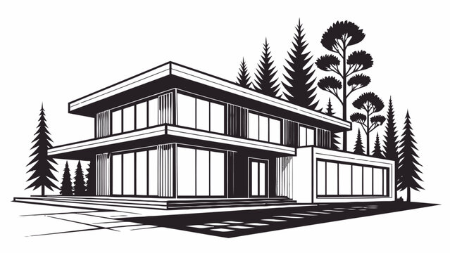 Modern home architecture with clean lines and lush trees, perfect for real estate marketing or architectural design concepts, evoking luxury and style