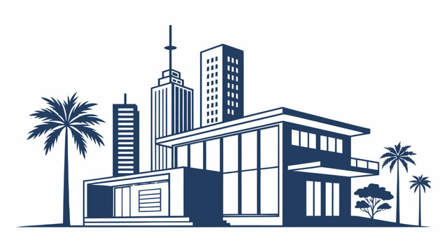 Modern coastal home design with city skyline, perfect for real estate marketing and architectural plans, conveying luxury and sophistication