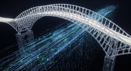 Transparent futuristic bridge with glowing data streams flowing beneath, symbolizing digital connectivity and high-tech networks.