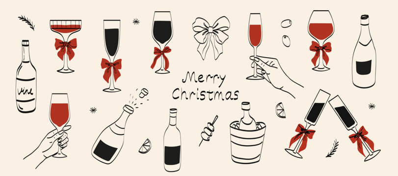 Christmas cocktails and drinks with bows hand drawn set. Coquette holiday aesthetic glasses with ribbon and bow in sketch style. Xmas elegant martini, champagne. Doodle line art vector illustration