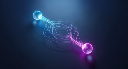 Two glowing quantum spheres connected by flowing light strands, symbolizing quantum entanglement and futuristic data transfer.