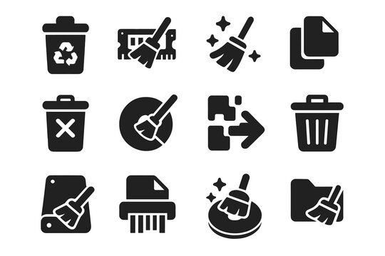 System Cleanup Icons. Solid style icons of system cleanup and maintenance: recycle bin, memory wipe, clean system tool, junk file