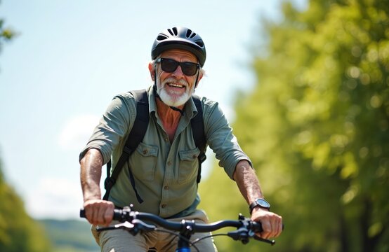 Happy senior man with a beard rides bicycle in park. Elderly male smiles while cycling. Active lifestyle for retired person in nature. Healthy, joyful older adult rides bike.