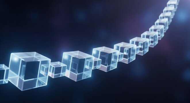 A chain of glowing transparent cubes forming a blockchain structure, symbolizing decentralized networks and distributed digital systems.
