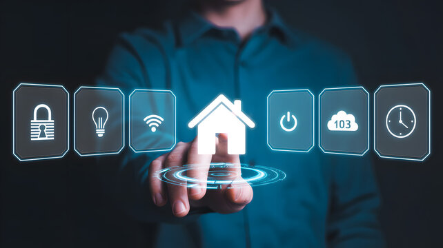 Man's hand touches glowing house icon surrounded by smart home symbols, controlling modern technology for ultimate convenience and security.