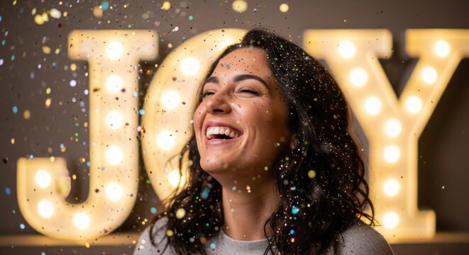Overjoyed woman celebrates with confetti against illuminated JOY sign, spreading happiness and cheer.