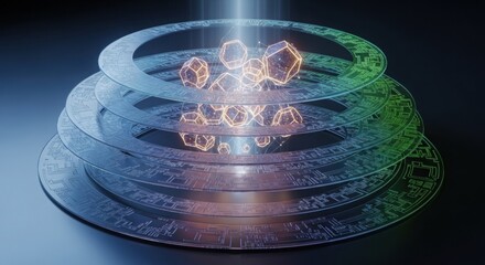 Futuristic layered digital rings with glowing geometric shapes representing data processing and advanced network systems.