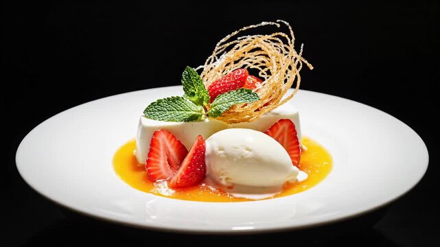 Delicious Dessert 4K Video Strawberry Ice Cream with Mint and Caramel Garnish
