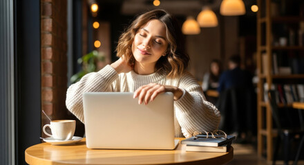 Smiling Woman Relaxing While Working on Laptop in Sunny Cafe