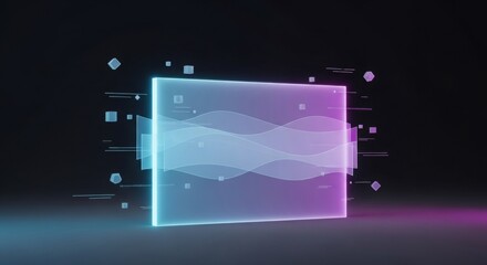 Futuristic glowing screen with flowing digital waves and geometric particles in neon blue and pink light on a dark background.
