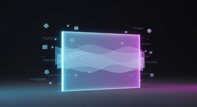 Futuristic glowing screen with flowing digital waves and geometric particles in neon blue and pink light on a dark background.
