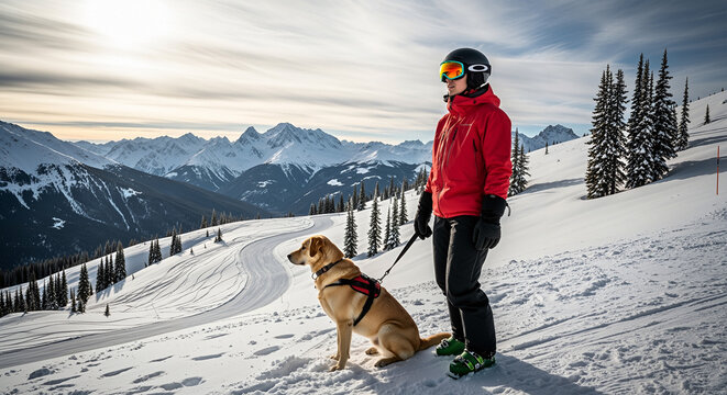Patrol on slope ski patroller in red jacket with rescue dog on leash standing on snowy mountain slope, alpine peaks and ski tracks in background, concept of safety, adventure and winter tourism