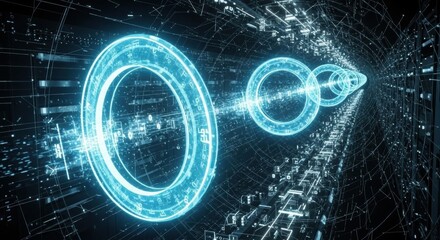 Digital tunnel with glowing rings and streaming data particles forming a high-speed futuristic technology environment.
