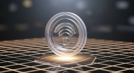 Transparent 3D WiFi symbol floating above a glowing grid surface in a modern futuristic digital setting.
