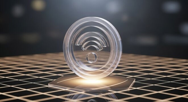 Transparent 3D WiFi symbol floating above a glowing grid surface in a modern futuristic digital setting.