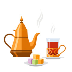 An elegant golden teapot releases swirls of steam beside a traditional glass of amber tea encased in ornate metalwork, accompanied by a small plate offering sweet, colorful cubes of Turkish delight