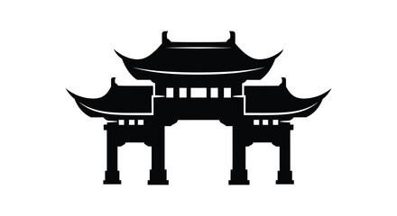 Asian gate silhouette traditional chinese architecture in black and white silhouette