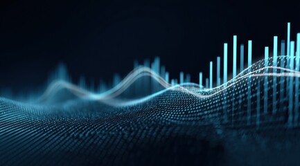 Abstract digital data visualization with glowing blue bars and waves.